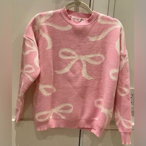 Altar'd State Pink Crewneck Sweater with Cream Bow Motif